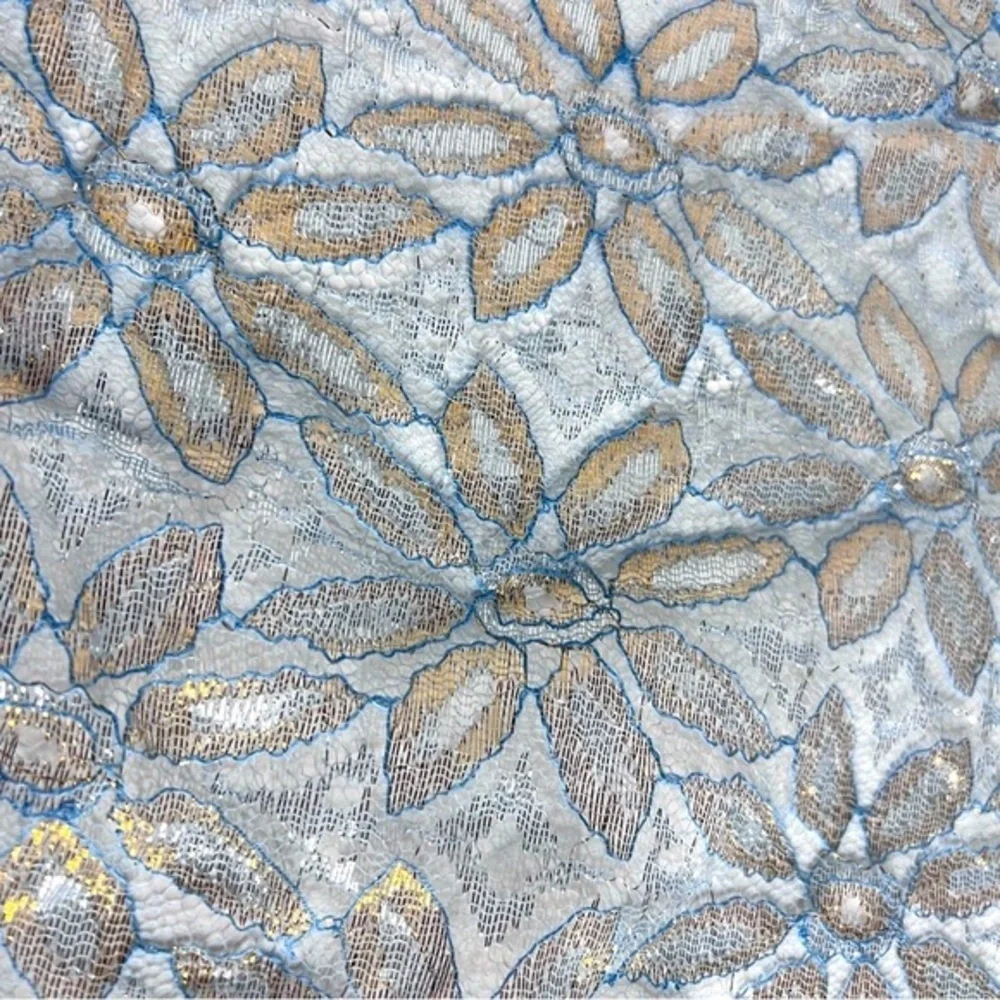 Vintage Blue Silver & Gold Lace Scalloped Edge Kerchief Scarf Ascot Unisex